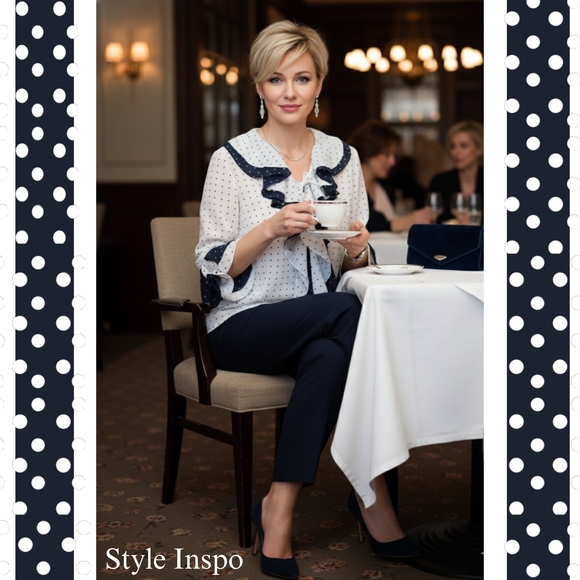 Elegant Navy And White Ruffle Blouse - Picture 3 of 9